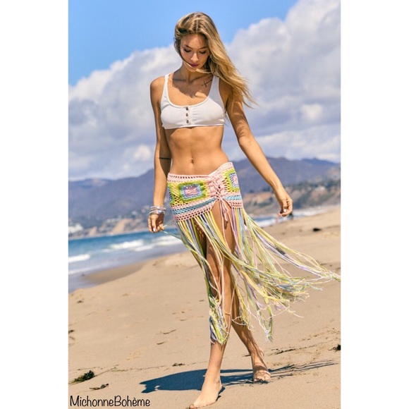 Davi & Dani Pastel Rainbow Crochet Fringed Convertible Top to Skirt - Picture 2 of 16